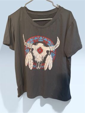Boho Skull Graphic Tee in Charcoal with Red & Turquoise Accents